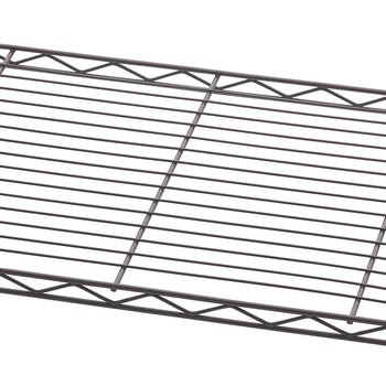 A close-up image shows a section of a wire shelving unit. The shelf surface is composed of many parallel wires with a triangular truss design along the front and back edges for support.
