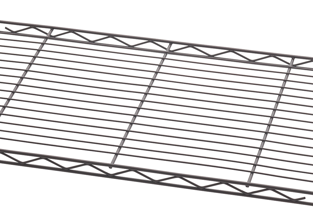 A close-up image shows a section of a wire shelving unit. The shelf surface is composed of many parallel wires with a triangular truss design along the front and back edges for support.