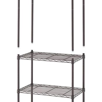A two-tiered, partially assembled metal wire shelving unit in a dark bronze color. Four separate poles for the upper part of the shelving unit are visible above the assembled lower section.