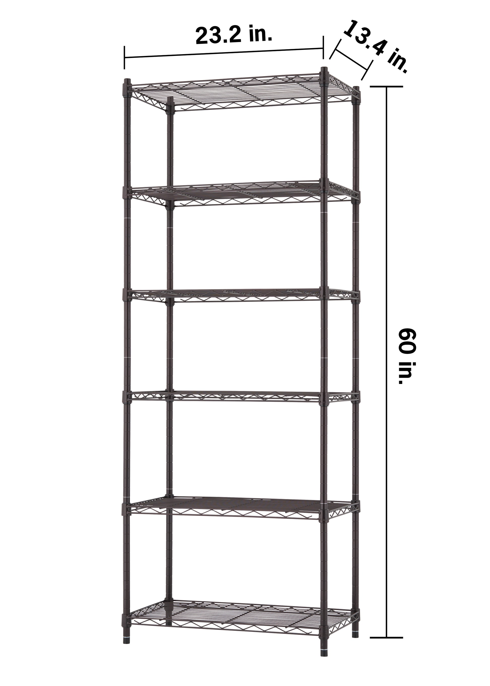 A tall, six-tier dark bronze wire shelving unit is shown against a plain white background. Dimension lines indicate that the shelf measures 23.2 inches wide, 13.4 inches deep, and 60 inches tall.