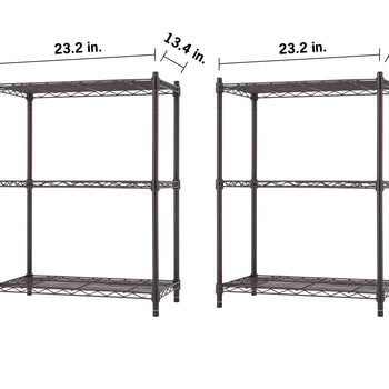 Two identical three-tier dark bronze wire shelving units are displayed side-by-side against a plain white background. Black dimension lines indicate that each unit measures 23.2 inches wide, 13.4 inches deep, and 30 inches tall.