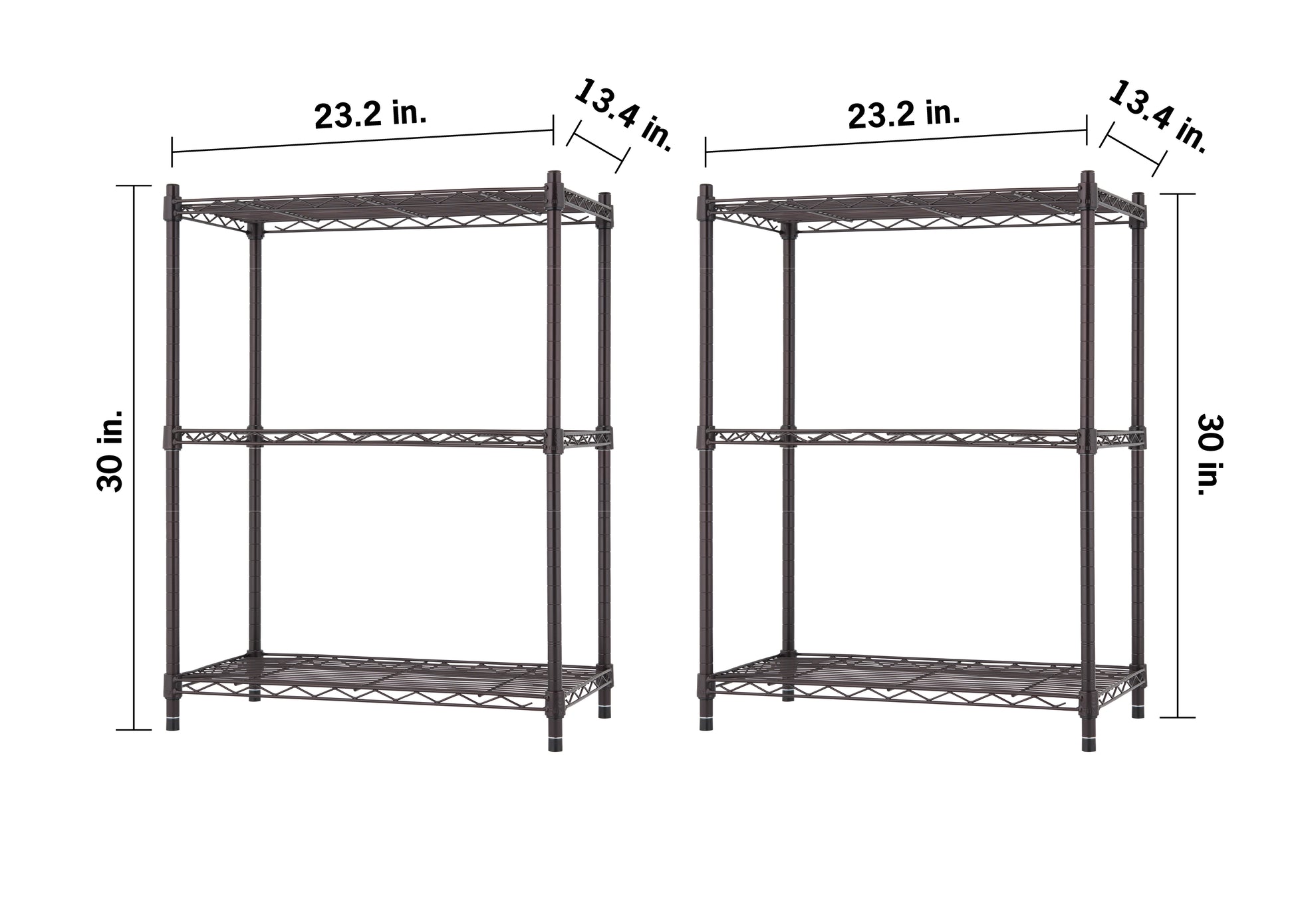 Two identical three-tier dark bronze wire shelving units are displayed side-by-side against a plain white background. Black dimension lines indicate that each unit measures 23.2 inches wide, 13.4 inches deep, and 30 inches tall.