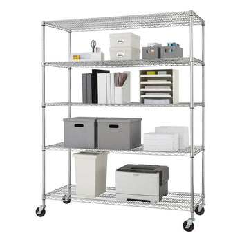 A tall, five-tiered chrome wire shelving unit on wheels is shown against a white background. Each shelf holds various office supplies, including boxes, files, paper, and a printer.