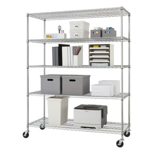 A tall, five-tiered chrome wire shelving unit on wheels is shown against a white background. Each shelf holds various office supplies, including boxes, files, paper, and a printer.