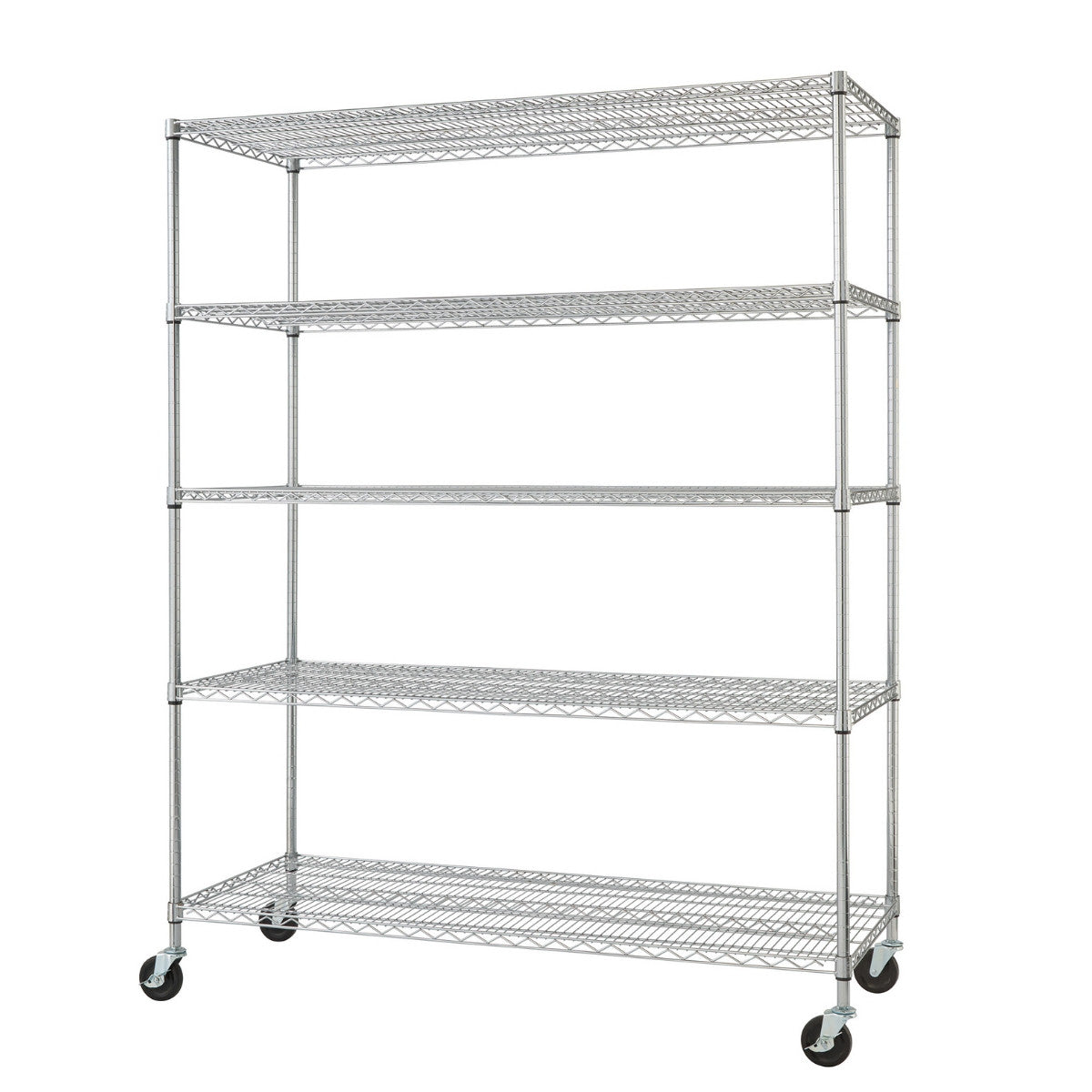 TRINITY 5 tier 60 inches wide by 24 inches deep chrome color wire shelving rack with wheels.