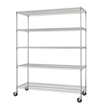 TRINITY 5 tier 60 inches wide by 24 inches deep chrome color wire shelving rack with wheels.