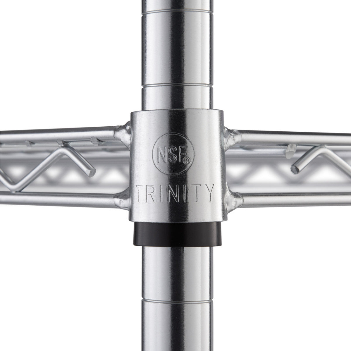 A close-up shot shows the connection point of a wire shelf to a vertical pole. A silver collar with the "NSF" logo and the word "TRINITY" secures the shelf to the pole, positioned above a black ring on the pole.