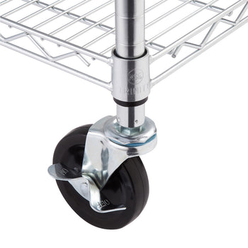 A close-up shows the bottom of a chrome wire shelving unit leg, featuring a black wheel with a silver brake mechanism in the 