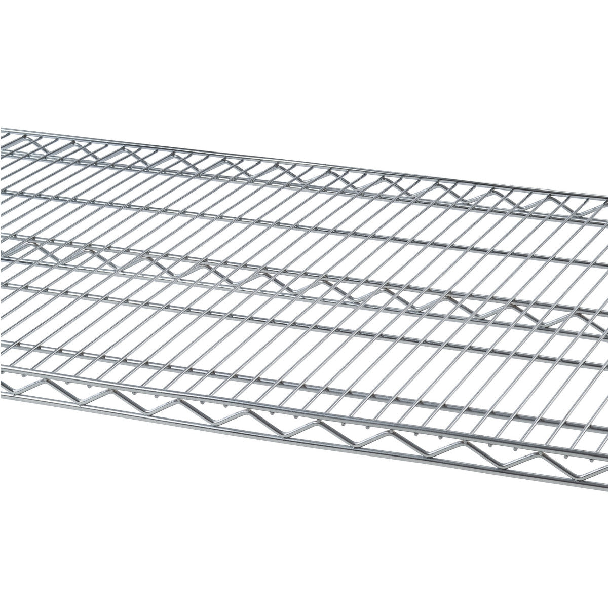 A close-up shows the surface of a 60 inches wide by 24 inches deep wire shelf. The grid pattern is made of intersecting metal wires, creating a sturdy and open storage surface.