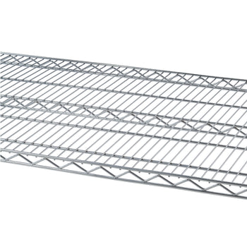 A close-up shows the surface of a 60 inches wide by 24 inches deep wire shelf. The grid pattern is made of intersecting metal wires, creating a sturdy and open storage surface.