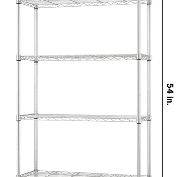 A chrome metal wire shelving unit with four adjustable tiers. The dimensions are labeled as 36 inches wide, 14 inches deep, and 54 inches tall.