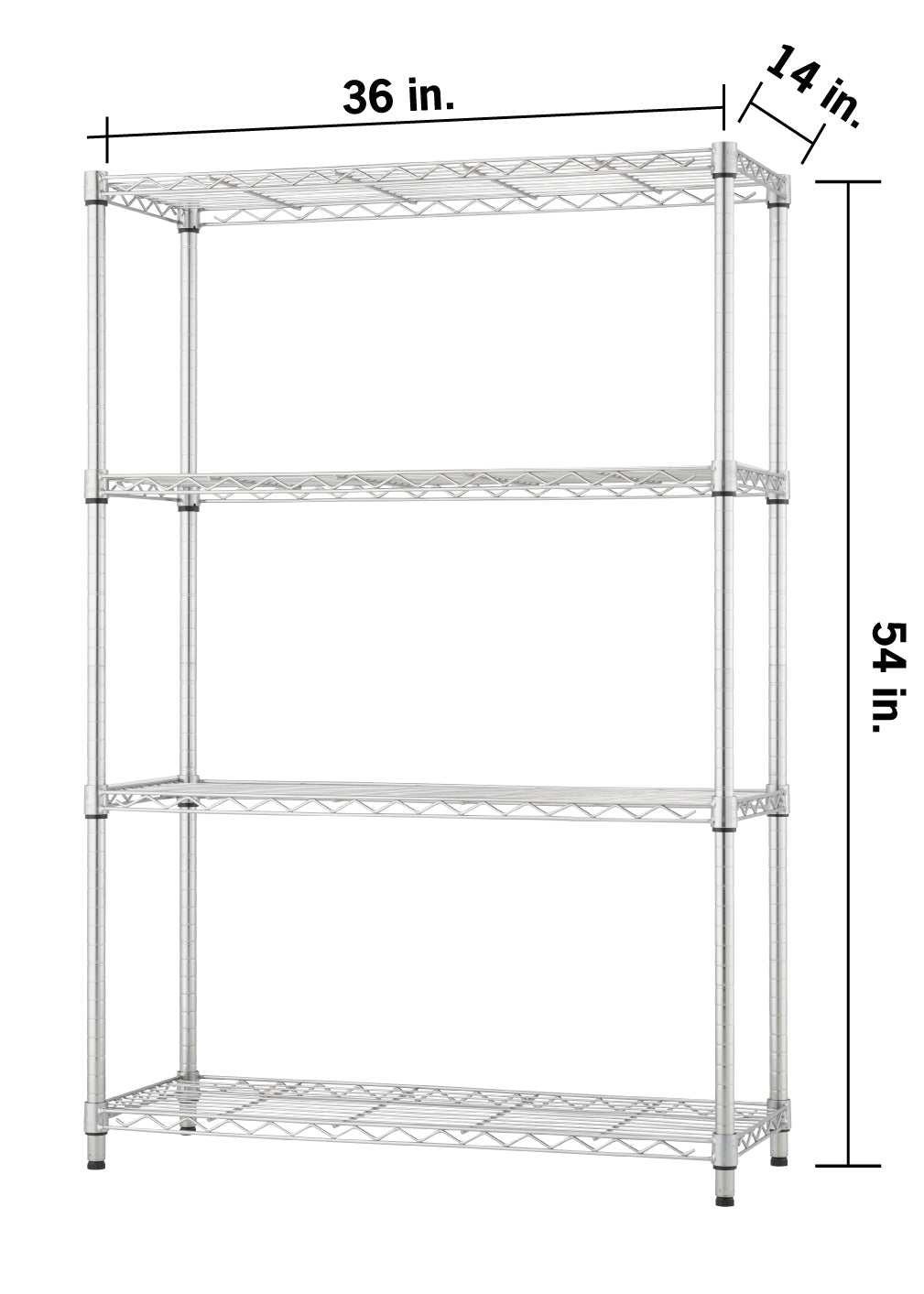 A chrome metal wire shelving unit with four adjustable tiers. The dimensions are labeled as 36 inches wide, 14 inches deep, and 54 inches tall.