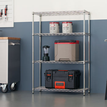 A close-up, eye-level shot shows a shiny, four-tier chrome wire shelving unit. The unit holds various garage and camping supplies, including two cans of paint on the top shelf, a lantern and a cooler on the second, and a black and orange tool case on the bottom.