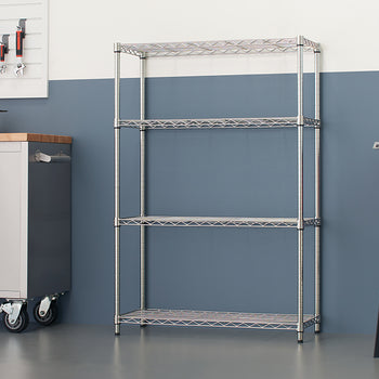 
A shiny, four-tier chrome wire shelving unit stands against a blue and gray wall. The empty shelves are ready for storage in what appears to be a garage or workshop setting.