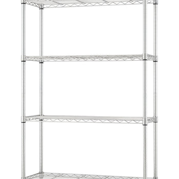 A shiny, chrome-plated metal wire shelving unit is shown against a plain white background. The unit has four adjustable shelves and is supported by four vertical posts with leveling feet.