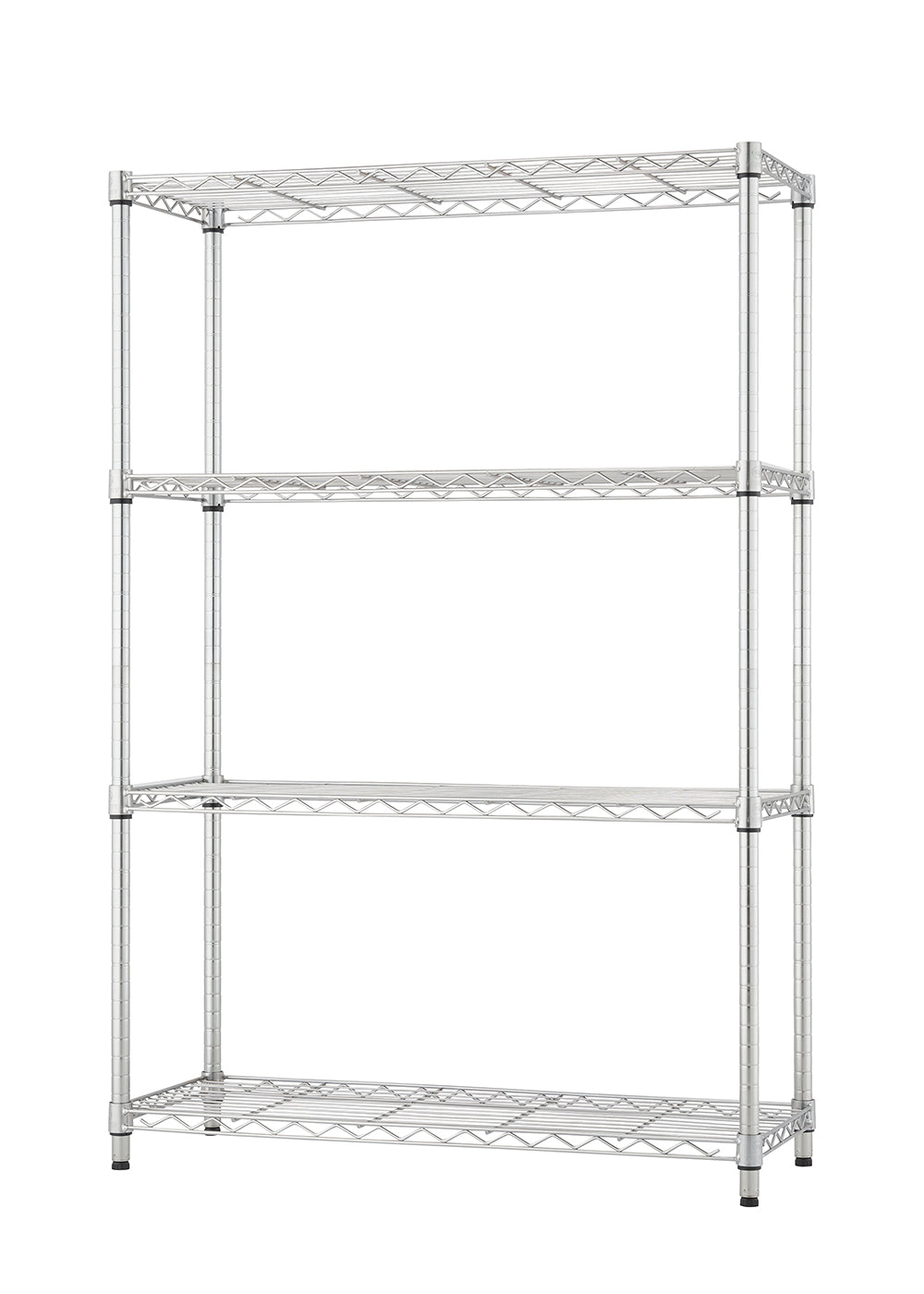 A shiny, chrome-plated metal wire shelving unit is shown against a plain white background. The unit has four adjustable shelves and is supported by four vertical posts with leveling feet.