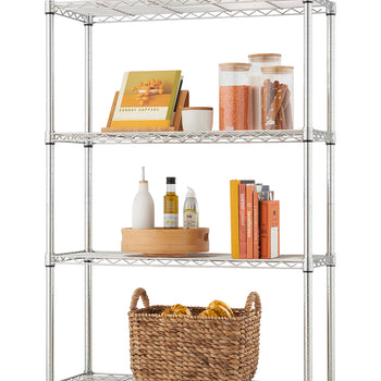 A shiny, four-tier chrome wire shelving unit is filled with a variety of kitchen and pantry items. On the top shelf are glass containers with food, and on the bottom shelf is a large woven basket filled with bread.