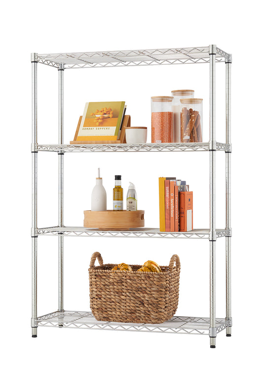 A shiny, four-tier chrome wire shelving unit is filled with a variety of kitchen and pantry items. On the top shelf are glass containers with food, and on the bottom shelf is a large woven basket filled with bread.