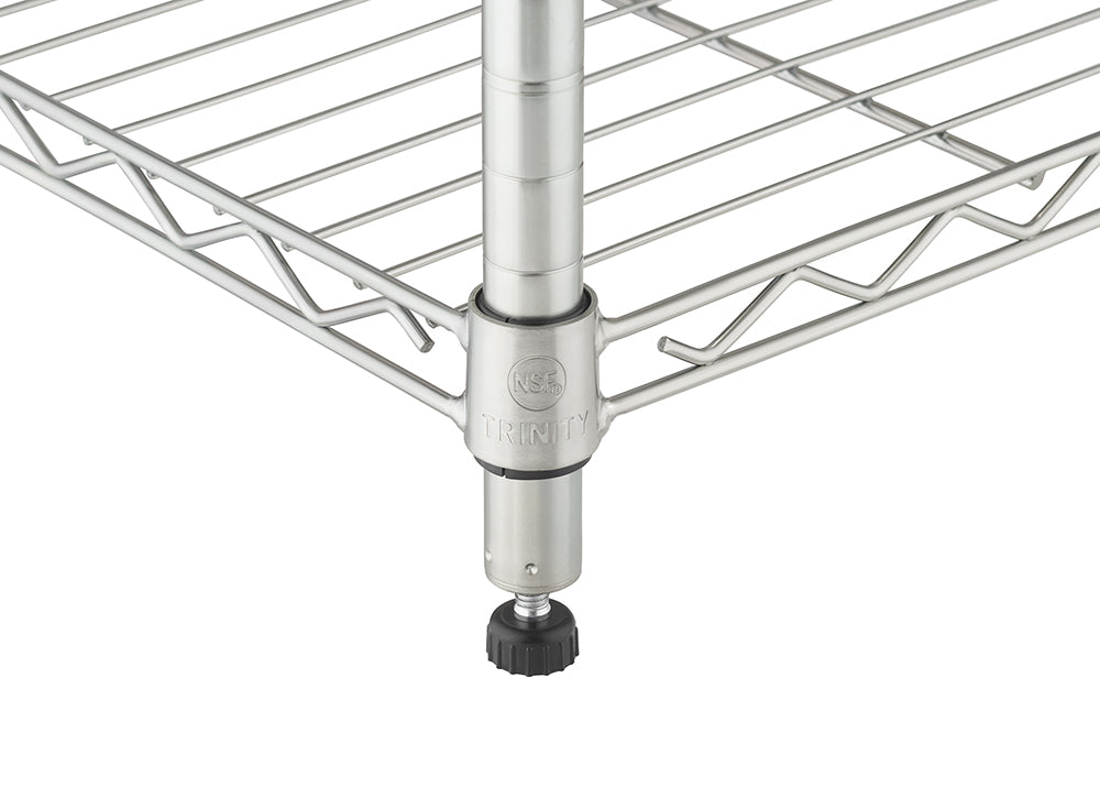 A close-up of the bottom corner of a stainless steel wire shelving unit. The adjustable leveling foot is visible at the base of the pole, while the wire shelf is secured to the pole with a black plastic clip.