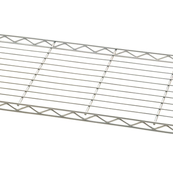 A close-up, angled shot of a chrome wire shelf. The shelf is made of parallel horizontal wires with a zig-zag pattern along the front and back edges for support.
