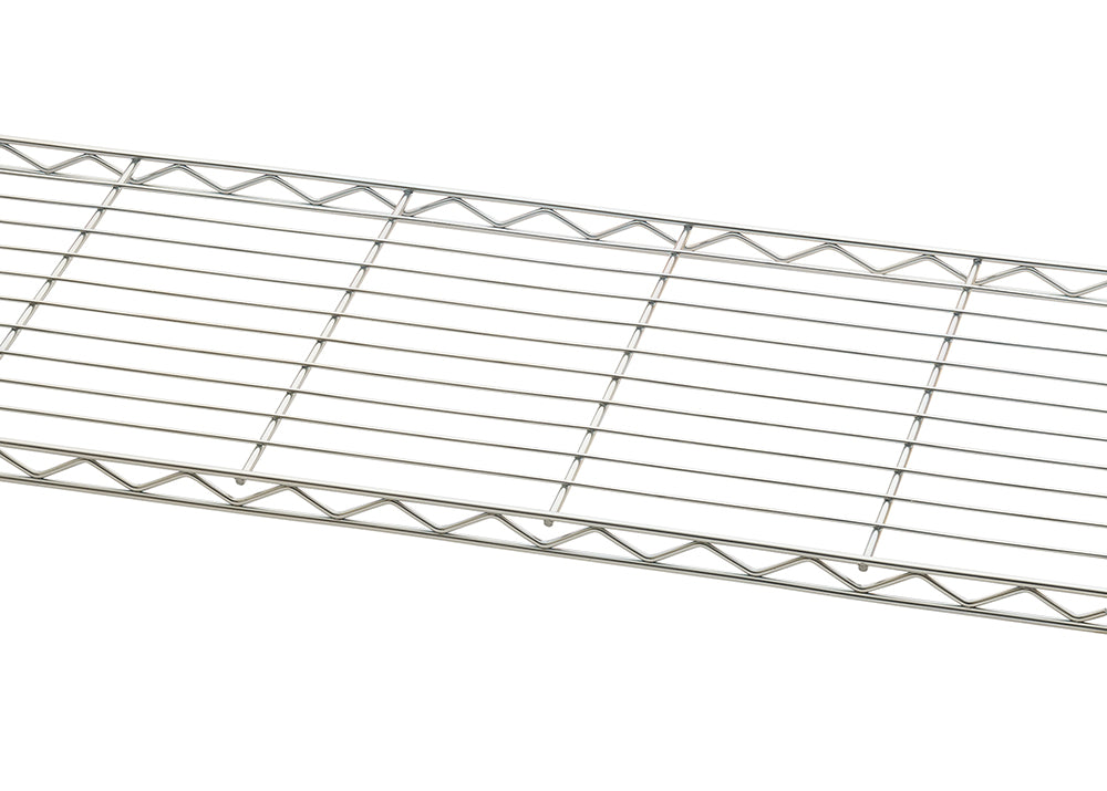 A close-up, angled shot of a chrome wire shelf. The shelf is made of parallel horizontal wires with a zig-zag pattern along the front and back edges for support.