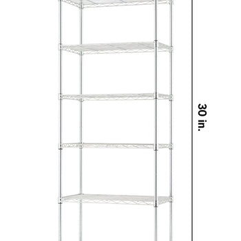 A six-tier chrome wire shelving unit is shown with its dimensions labeled in inches. The unit measures 23.2 inches wide, 13.4 inches deep, and 30 inches tall.