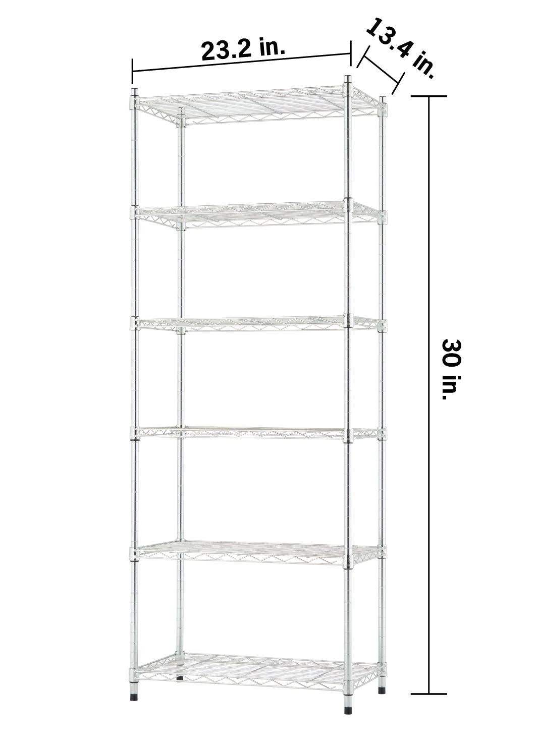 A six-tier chrome wire shelving unit is shown with its dimensions labeled in inches. The unit measures 23.2 inches wide, 13.4 inches deep, and 30 inches tall.