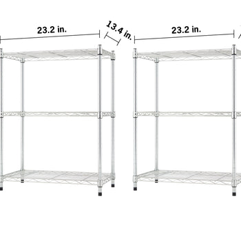 Two identical three-tier chrome wire shelving units are displayed side-by-side against a plain white background. Black dimension lines indicate that each shelving unit measures 23.2 inches wide, 13.4 inches deep, and 30 inches tall.