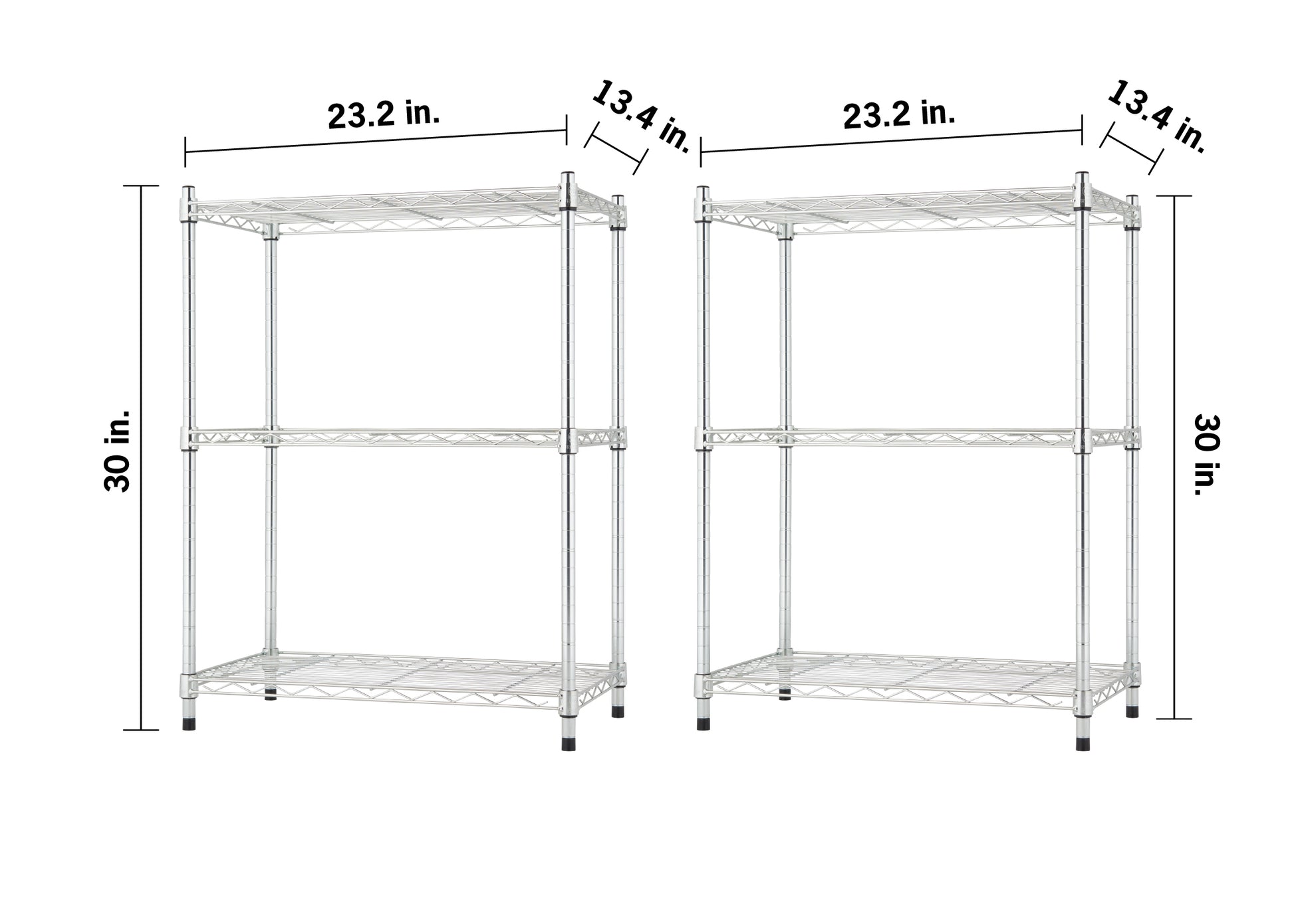 Two identical three-tier chrome wire shelving units are displayed side-by-side against a plain white background. Black dimension lines indicate that each shelving unit measures 23.2 inches wide, 13.4 inches deep, and 30 inches tall.