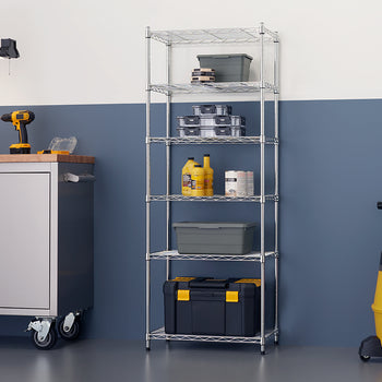 A six-shelf chrome wire shelving unit holds various storage containers and household items. The shelves are organized with gray bins, plastic organizers, yellow bottles of liquid, paint cans, and a large black toolbox.