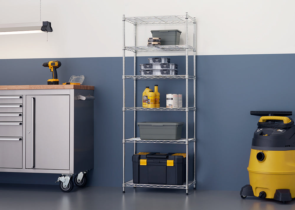 A six-shelf chrome wire shelving unit holds various storage containers and household items. The shelves are organized with gray bins, plastic organizers, yellow bottles of liquid, paint cans, and a large black toolbox.