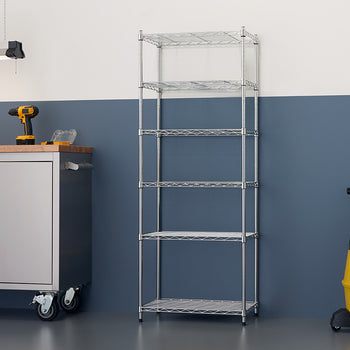 A vertical shot of an empty five-shelf, wire-rack unit with a shiny chrome finish. The shelving unit is against a two-toned wall, with the bottom half painted a dark blue and the top a light off-white color.
