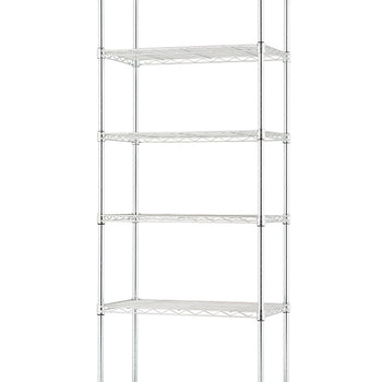 A tall, chrome wire shelving unit with six adjustable shelves. It's empty and photographed against a white background.