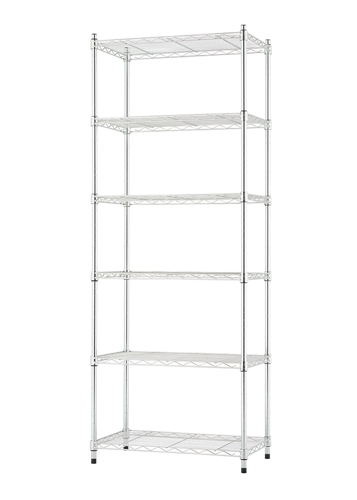 A tall, chrome wire shelving unit with six adjustable shelves. It's empty and photographed against a white background.