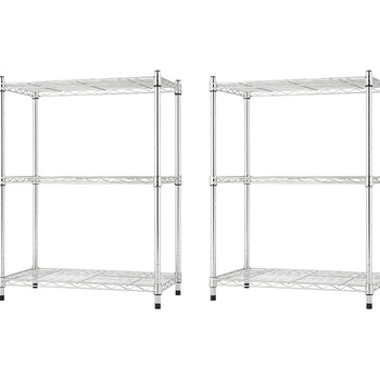 A product photo of two identical, chrome-plated wire shelving units, each with three adjustable shelves. The shelves are empty and the units are shown against a white background.