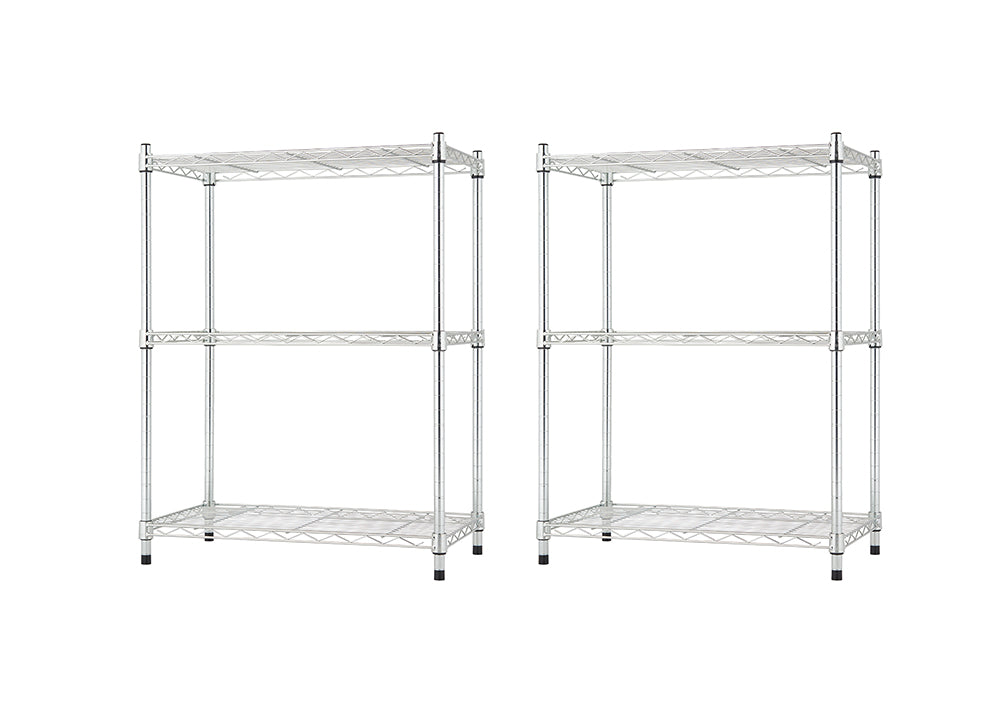 A product photo of two identical, chrome-plated wire shelving units, each with three adjustable shelves. The shelves are empty and the units are shown against a white background.
