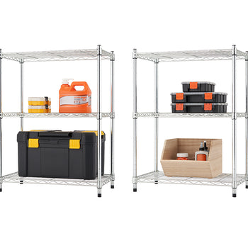 A product photo of two chrome wire shelving units. The unit on the left has a large black toolbox on the bottom shelf and an orange jug and smaller toolboxes on the top shelf. The unit on the right holds several black toolboxes on the top shelf and a wooden box with bottles inside on the bottom shelf.