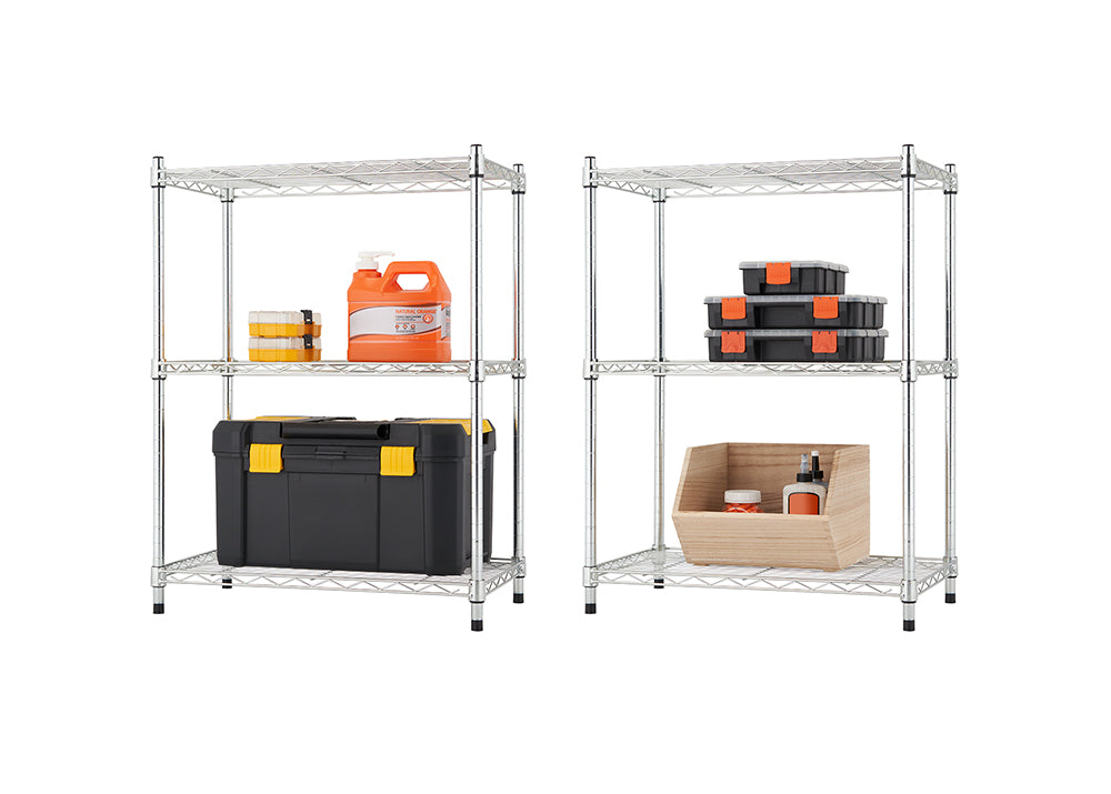 A product photo of two chrome wire shelving units. The unit on the left has a large black toolbox on the bottom shelf and an orange jug and smaller toolboxes on the top shelf. The unit on the right holds several black toolboxes on the top shelf and a wooden box with bottles inside on the bottom shelf.