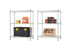A product photo of two chrome wire shelving units. The unit on the left has a large black toolbox on the bottom shelf and an orange jug and smaller toolboxes on the top shelf. The unit on the right holds several black toolboxes on the top shelf and a wooden box with bottles inside on the bottom shelf.