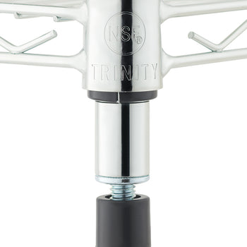 A close-up shot of a chrome wire shelf's adjustable leveling foot. The foot is screwed into the bottom of the support pole and features a black plastic cap.