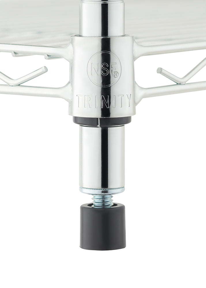 A close-up shot of a chrome wire shelf's adjustable leveling foot. The foot is screwed into the bottom of the support pole and features a black plastic cap.