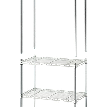 A partial product image of a chrome wire shelving unit. The bottom half shows a completed two-tier shelf, while the top half shows four separate extension poles, indicating the unit can be made taller.
