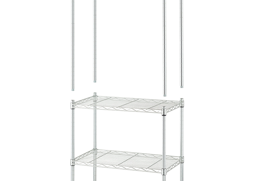 A partial product image of a chrome wire shelving unit. The bottom half shows a completed two-tier shelf, while the top half shows four separate extension poles, indicating the unit can be made taller.