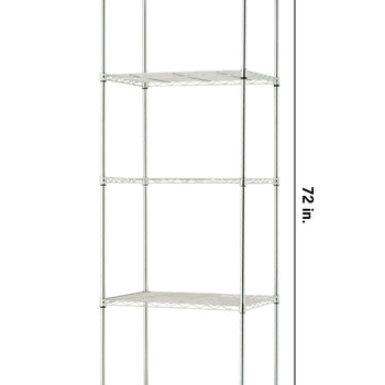 A tall, five-tier chrome wire shelving unit with four vertical poles and adjustable shelves. The image includes labels indicating dimensions of 24 inches in width, 18 inches in depth, and 72 inches in height.