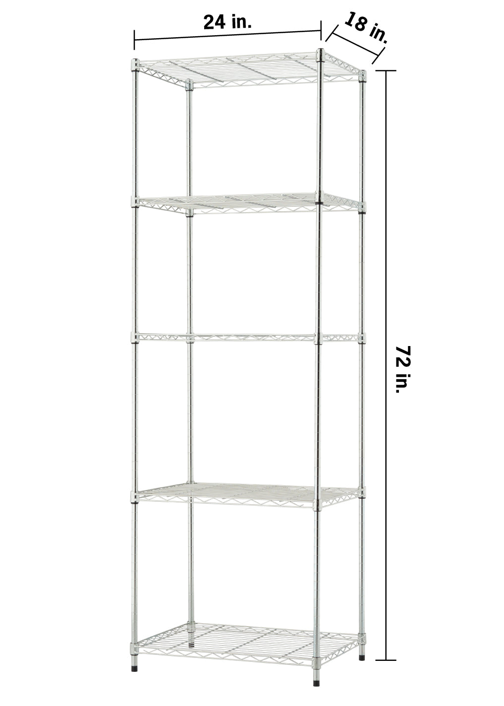 A tall, five-tier chrome wire shelving unit with four vertical poles and adjustable shelves. The image includes labels indicating dimensions of 24 inches in width, 18 inches in depth, and 72 inches in height.