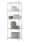 A tall, narrow, chrome wire shelving unit with five adjustable shelves is filled with organized storage items. The shelves hold various items including small decorative boxes, folded linens, a beige backpack, and several storage bins and baskets in gray and muted teal colors.