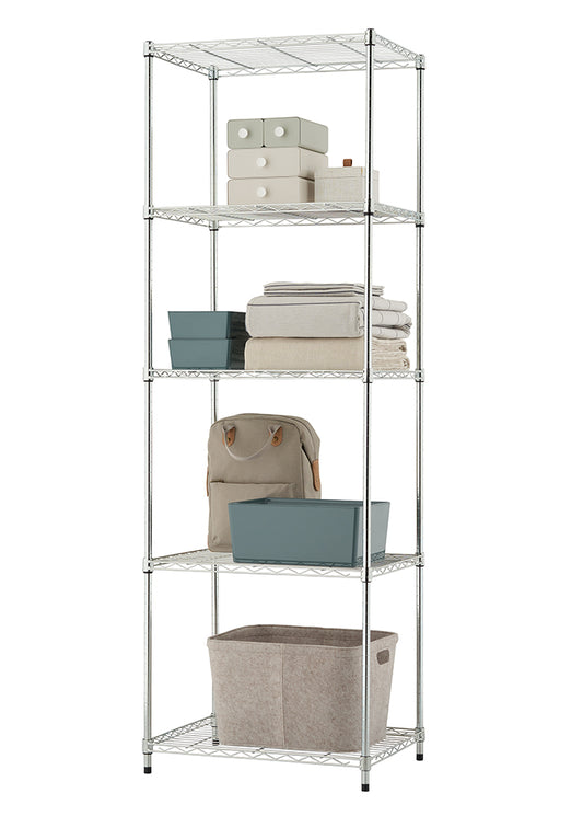 A tall, narrow, chrome wire shelving unit with five adjustable shelves is filled with organized storage items. The shelves hold various items including small decorative boxes, folded linens, a beige backpack, and several storage bins and baskets in gray and muted teal colors.