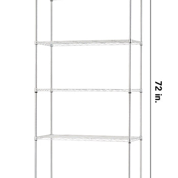 A 5-tier chrome wire shelving unit stands on small leveling feet against a solid white background. Dimension lines mark the unit as 36 inches wide, 16 inches deep, and 72 inches tall.