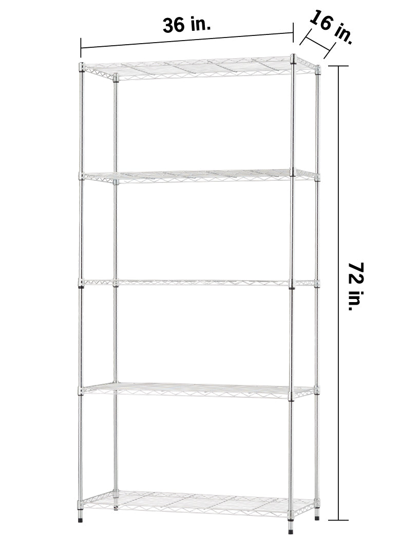 A 5-tier chrome wire shelving unit stands on small leveling feet against a solid white background. Dimension lines mark the unit as 36 inches wide, 16 inches deep, and 72 inches tall.