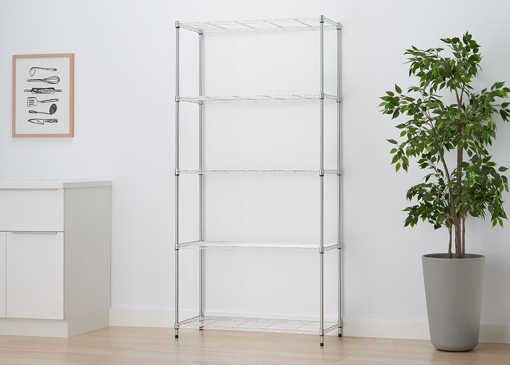 An empty five-shelf chrome wire rack is shown in a minimalist room setting against a white wall. The unit is flanked by a white cabinet and a framed print on the left, and a large potted plant on the right.